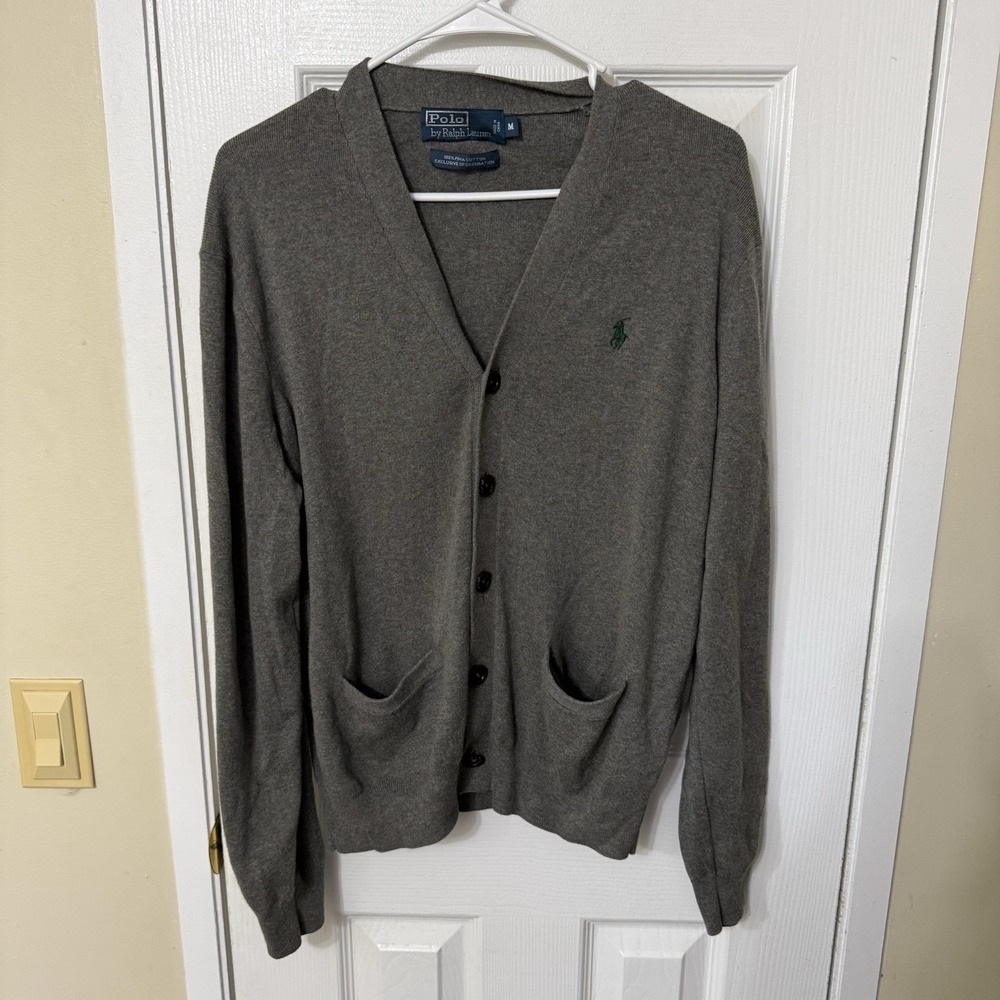 Polo Ralph Lauren Sweater Mens Medium Gray V Neck Cotton Cardigan Pony Logo